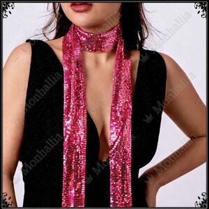 Long magenta pink liquid foil wrap around mesh metallic versatile scarf belt